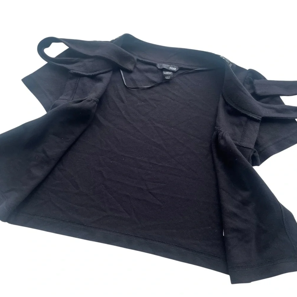 H&M Women’s Small Black Sequins Trim Short Puff Sleeve Tie Top Crop Y2K Cardigan